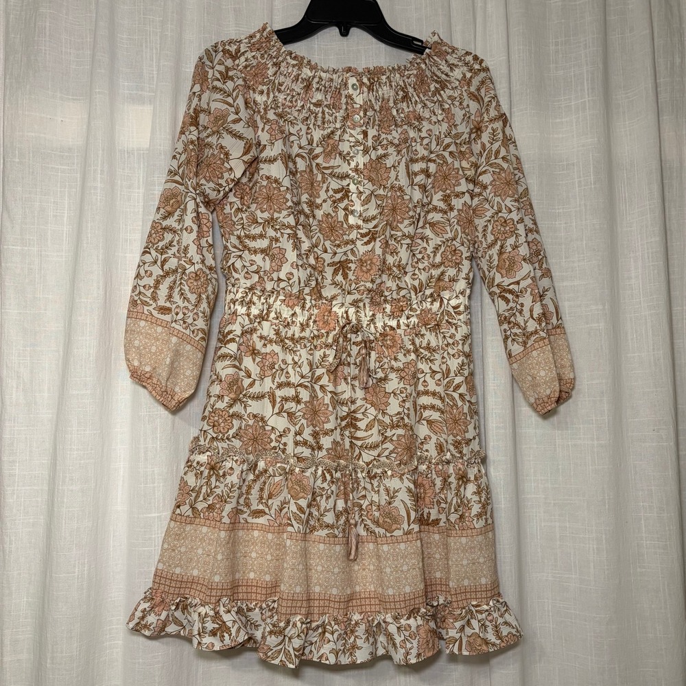 Lovestitch Dress Womens Medium Cream Floral Boho Off Shoulder Smocked Mini Lurex